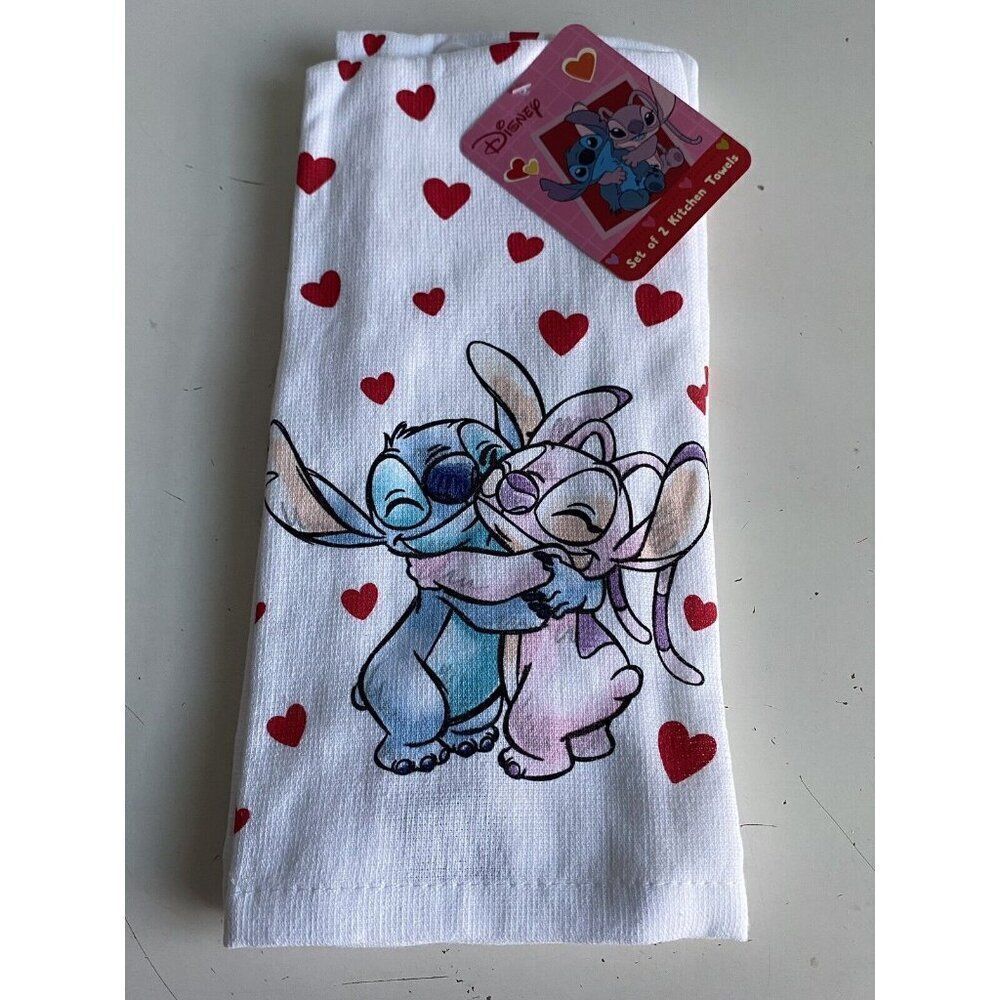 2 Pack Disney Stitch And Angel Kitchen Towels Hearts Valentine's Day Love NEW